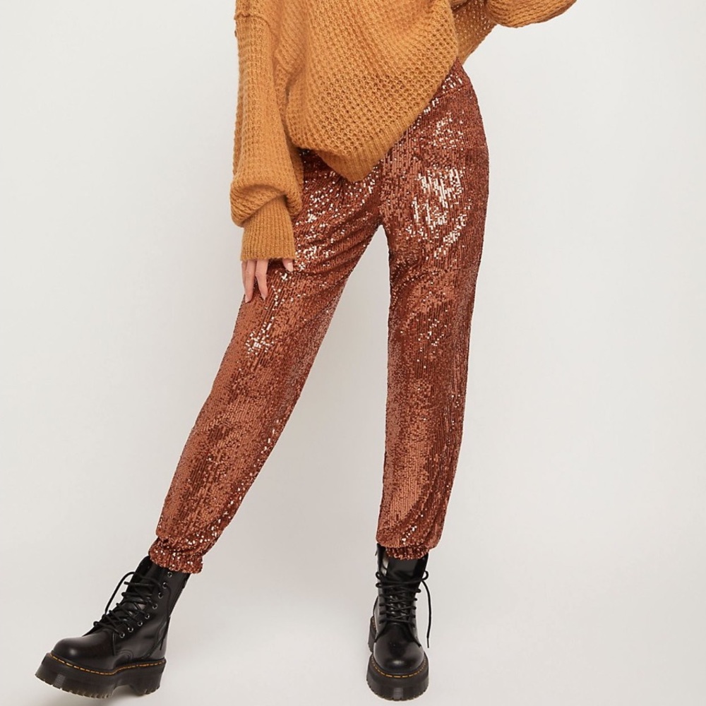 NWT Free People Morelia Bronze Sequin Jogger Style Trouser Pants XS/S